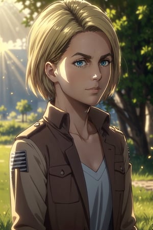 1girl, solo, Nanaba, Attack on Titan, blue eyes, wore standard Survey Corps uniform with a light-colored v-neck underneath, (blond hair) short light hair, petite build, beautiful, handsome female, charming, alluring, gentle expression, soft expression, calm, smile (standing), (upper body in frame), simple background, green plains, sky, dawn light, cinematic light, perfect anatomy, perfect proportions, 8k, HQ, HD, UHD, (best quality:1.5, hyperrealistic:1.5, photorealistic:1.4, madly detailed CG unity 8k wallpaper:1.5, masterpiece:1.3, madly detailed photo:1.2), (hyper-realistic lifelike texture:1.4, realistic eyes:1.2), picture-perfect face, perfect eye pupil, detailed eyes, dynamic, (dutch angle), (facing sunlight:1.5), (side view), AttackonTitan,perfecteyes, Nanaba ,1 girl