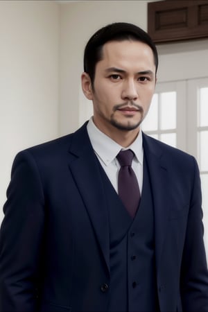 solo male, Maeda, Asobi Asobase, Japanese, butler, black hair, short hair, black eyes, facial hair, dark blue 3 Piece Suit, formal, white collared shirt, red necktie, dark blue vest, dark blue jacket, dark blue pants, mature, handsome, charming, alluring, calm, polite, upper body,  perfect anatomy, perfect proportions, best quality, masterpiece, high_resolution, (front view)