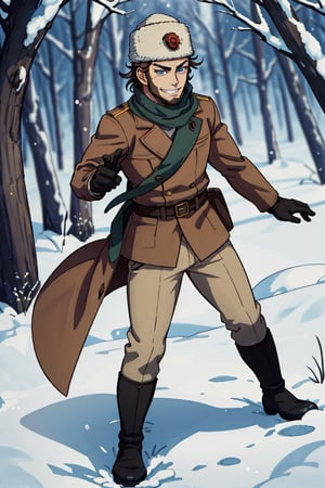 (human), (1 image only), solo male, Vasily Pavlichenko, Golden Kamuy, Russian, sniper, brown hair, blue eyes, sharp eyes, defined eyelashes, furrowed brow, grin, wavy medium-length hair, bold sideburns, short and neat Shenandoah beard, lightly-colored coat, dark gloves, scarf, pants, boots, crossbody bag, handsome, charming, alluring, perfect anatomy, perfect proportions, 2d, anime, (best quality, masterpiece), (perfect eyes, perfect eye pupil), high_resolution, dutch angle, snowy forest, better_hands, tall wool cap, papakha, ushanka, dynamic,action