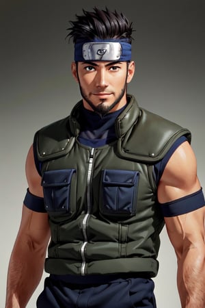Asuma Sarutobi, Japanese, brown eyes, olive skin, short black spiky hair, beard on chin and cheekbone, (shaved philtrum, hairless philtrum), laid-back individual, dashing, smile, shinobi sandals, forehead protector, clothing, wore a white short-sleeved shirt with a blue and black collar over chain-mail armour, simple military green vest, black pants, fit body, handsome, charming, alluring, intense gaze, (standing), (upper body in frame), perfect light, perfect anatomy, perfect proportions, perfect perspective, 8k, HQ, (best quality:1.2, hyperrealistic:1.2, photorealistic:1.2, madly detailed CG unity 8k wallpaper:1.2, masterpiece:1.2, madly detailed photo:1.2), (hyper-realistic lifelike texture:1.2, realistic eyes:1.2), picture-perfect face, perfect eye pupil, detailed eyes, realistic, HD, UHD, front view, dutch angle