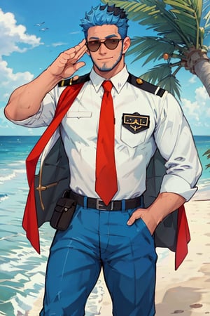 (1 image only), solo male, Wilbur, Animal Crossing, personification, pure blue hair, short hair, black eyes, blue facial hair, jawline stubble, aviation pilot uniform, white collor shirt, red necktie, epaulette, aviator sunglasses, blue pants, socks, black footwear, mature, dilf, bara, handsome, charming, alluring, grin,close-up,portrait, hand in pocket, (two-finger salute:1.2), perfect anatomy, perfect proportions, (best quality, masterpiece), (perfect eyes, perfect eye pupil), perfect hands, high_resolution, dutch angle, cowboy shot, seaside, summer