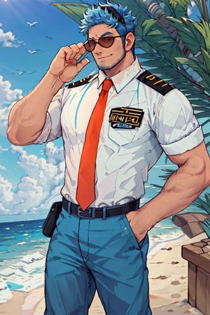 (1 image only), solo male, Wilbur, Animal Crossing, personification, blue hair, short hair, black eyes, blue facial hair, jawline stubble, aviation pilot uniform, white collor shirt, red necktie, epaulette, aviator sunglasses, aviator headset, blue pants, socks, black footwear, , bandaid on nose, mature, dilf, bara, handsome, charming, alluring, smile, standing, upper body, hand in pocket, perfect anatomy, perfect proportions, (best quality, masterpiece), (perfect eyes, perfect eye pupil), perfect hands, high_resolution, dutch angle, cowboy shot, seaside, summer