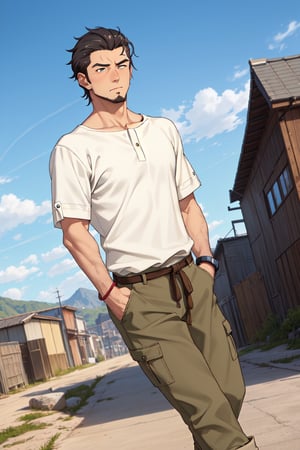 (1 image only), solo male, Kaburagi, Deca Dence, greying black hair, slicked back hair, thick eyebrows, sideburns, goatee, green eyes, scar, tucked-in wide necked short-sleeved white shirt, sleeves tucked up and buttoned, short sleeves, olive wide worker pants, brown boots. simplpe leather bracelet, toned male, mature, handsome, charming, alluring, blush, hand in pocket, perfect anatomy, perfect proportions, best quality, masterpiece, high_resolution, dutch angle, outdoors, day, blue sky, science fiction, on sky, photo background, better_hands, (perfect hand, perfect fingers:1.4)