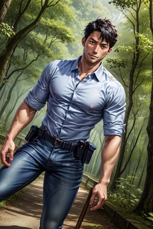 (1 image only), solo male, Agawa Daigo, Gannibal, Asian ,Japanese, black hair, short hair, thin stubble, black eyes, policeman, white collared shirt, dark blue pants, roll up sleeves,dark blue pants, black shoes , mature, handsome, charming, alluring, perfect anatomy, perfect proportions, (best quality, masterpiece), (perfect eyes), perfect hands, high_resolution, dutch angle, cowboy shot, rural .pastoral, forest, creep, suspense, horror, manga, best quality