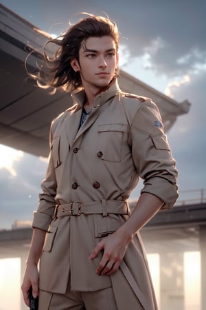Kazuhira Miller, blue eyes, blond hair, stubble, (wore aviator sunglasses:1.3), white collared shirt, green suit with a red tie,  open khaki trench coat, fit body, handsome, charming, alluring, intense gaze, (playing_violin:1.2), violin, (upper body in frame), perfect light, Metal Gear Solid location, perfect anatomy, perfect proportions, perfect perspective, 8k, HQ, (best quality:1.2, hyperrealistic:1.2, photorealistic:1.2, madly detailed CG unity 8k wallpaper:1.2, masterpiece:1.2, madly detailed photo:1.2), (hyper-realistic lifelike texture:1.2, realistic eyes:1.2), picture-perfect face, perfect eye pupil, detailed eyes, realistic, HD, UHD