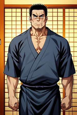 score_9, score_8_up, score_7_up, score_6_up, perfect anatomy, perfect proportions, best quality, masterpiece, high_resolution, high quality, best aesthetic, incredibly absurdres, highres, extremely detailed, huge filesize, mature, masculine, manly, virile, handsome, charming, alluring, bara, male focus, solo male, cowboy shot, source_anime \(My Bride is a Mermaid\), anime coloring \(My Bride is a Mermaid\), Gozaburo Seto \My Bride is a Mermaid\), MBMGozaburo, black hair, short hair, black eyes, sanpaku, sideburns, facial hair, stubble, thick eyebrows, scar across eye, scar across nose, Gozaburo_Outfit01, Japanese clothes, grey-blue yukata, (black haori:1.5), serious, mad, look at viewer, indoors, tatami, sliding shoji doors, pohoto background