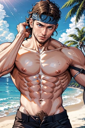 navel, nipples, male focus, outdoors, sky, shorts, day, cloud, wet, muscular, beach, abs, pectorals, muscular male, bara, large pectorals, palm tree, bare pectorals, HQ, photorealistic, masterpiece:1.5, best quality, beautiful lighting, realistic, real image, intricate details, everything in razor sharp focus, perfect focus, perfect face, extremely handsome, Photograph, masterwork, supreme resolution, 32K, ultra-defined ,(MkmCut),(1man),perfecteyes, facing sunlight, sunny, bright ambience, sexy, charming, alluring, seductive, bright sun light, midday,perfect light, lying down on beach,excessive sweaty, Portrait, solid snake, solid snake navy blue headband,erection, nude, bottomless, shirtless, Erection Penis, short hair,mature,gay anal,FullNelson,ahg,muscular