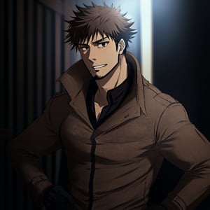 solo male, Genma Shizume, Asian, Japanese, black hair, chinstrap beard, sideburns, black eyes, calm eyes, slitty eyes, intense gaze, bare chest, bare neck, bare belly, (light brown trench coat, open trench coat:1.2), black pants, black gloves, mature, masculine, handsome, charming, allurin, grin, smile, upper body, perfect anatomy, perfect proportions, (best quality, masterpiece, high_resolution:1.3), (perfect eyes, perfecteyes:1.3),perfecteyes