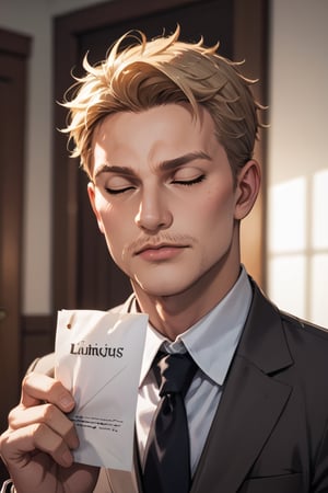 score_9, score_8_up, score_7_up, solo male, Reiner Braun, blond hair, short hair, flat hair, hazel eyes, thin eyebrows, tall, white collared shirt, black necktie, brown suit jacket, brown  pants, black shoes, handsome, charming, alluring, (headshot, close-up:1.2), upper body, perfect anatomy, perfect proportions, best quality, masterpiece, high_resolution, photo background, (perfect face, perfect eyes:1.3), BREAK 2 hands holding a pure white A4 paper, sniffing a pure A4 white paper, ((enjoy face)), closed eyes, writing paper below nose, mouth covered by paper 