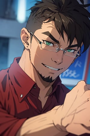 (1 image only), solo male, Jay Chiang, Asian, Taiwanese, modern Taipei city, 2d, anime, flat, black hair, short hair, high fade, goatee, thick eyebrows, brown eyes, silver glasses, (pure red collared shirt, red sleeves rolled up:1.2), (portrait, close-up), smile, mature, handsome, charming, alluring, portrait, perfect anatomy, perfect proportions, (best quality, masterpiece), (perfect eyes:1.2),, high_resolution, dutch angle 