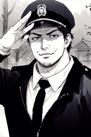 (1 image only), solo male, Agawa Daigo, Gannibal, Asian ,Japanese, black hair, short hair, thin stubble, black eyes, policeman, white collared shirt, dark blue necktie, black jacket, long sleeves, black sleeves, (buttoned up jacket), dark blue pants, black shoes, police peaked cap,((salute, hand adjusting cap)), mature, handsome, charming, alluring, perfect anatomy, perfect proportions, rural, pastoral, forest, creep, suspense, horror, bloody, manga, greyscale, monochrome, (manga brushwork style, traditional drawing), (portrait, close-up), looking_at_viewer, smirk, upperbody, HORROR,boichi manga style,