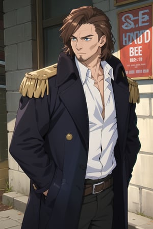 solo male, Graf Granat \(Frieren: Beyond Journey's End\), brown hair, hair parted to one side, facial hair, stubble, blue eyes, sanpaku, white collared shirt, black pants, matching boots. dark blue coat, open coat, coat over shoulders, gold epaulettes, mature, handsome, charming, alluring, standing, upper body, perfect anatomy, perfect proportions, best quality, masterpiece, high_resolution, dutch angle, cowboy shot, photo background
