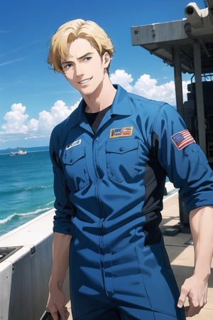 solo male, Lewis Smith \(Bang Brave Bang Bravern\), blond hair, short hair, blue eyes, grey pilot jumpsuit, grap jumpsuit, black boots, mature, handsome, charming, alluring, grin, standing, upper body, perfect anatomy, perfect proportions, best quality, masterpiece, high_resolution, dutch angle, cowboy shot, photo background, on aircraft carrier, ocean, sky