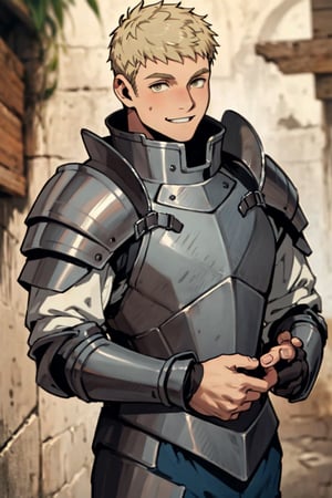 (1 image only), solo male, 1boy, Laios Touden, Delicious in Dungeon, knight, blond hair, short hair, light gold eyes, average height, silver plate armour, silver gauntlets, white shirt under armor, silver knee guards, simple brown boots, smile, handsome, charming, alluring, standing, upper body in frame, perfect anatomy, perfect proportions, 2d, anime, (best quality, masterpiece), (perfect eyes, perfect eye pupil), high_resolution, dutch angle, dungeon location, (Hands:1.1), better_hands