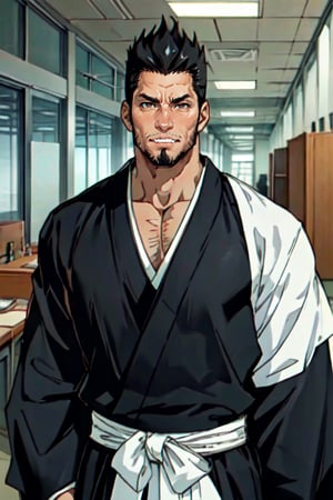 1boy, solo, Isshin Kurosaki, BLEACH, anime, tall, muscular man,(black hair), brown eyes, thin facial hair around mouth and on cheeks, 40 years old, mature, pure black male Kimono, black Hakama, white Kimono belt, manly, masculine, handsome, charming, alluring, office, (standing), (upper body in frame), perfect light, perfect anatomy, perfect proportions, perfect perspective, 8k, HQ,  (best quality:1.2, masterpiece:1.2, madly detailed), perfect face, front view, portrait