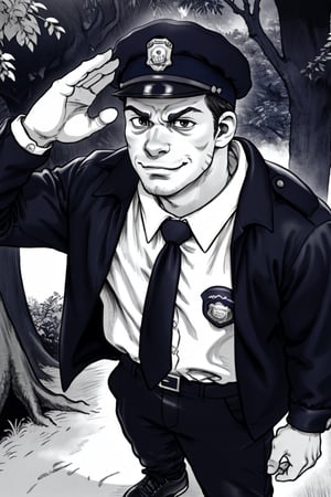 (1 image only), solo male, Agawa Daigo, Gannibal, Asian ,Japanese, black hair, short hair, thin stubble, black eyes, policeman, white collared shirt, dark blue necktie, black jacket, long sleeves, black sleeves, (buttoned up jacket), dark blue pants, black shoes, police peaked cap,((salute, hand adjusting cap)), mature, handsome, charming, alluring, perfect anatomy, perfect proportions, rural, pastoral, forest, creep, suspense, horror, bloody, manga, greyscale, monochrome, (manga brushwork style, traditional drawing), (portrait, close-up), looking_at_viewer, smirk, upperbody, HORROR,boichi manga style,