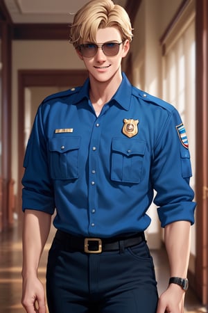 score_9,score_8_up,score_7_up, solo male, Lewis Smith, (blond hair), short hair, blue eyes, (American police uniform, black collared shirt, black pants), aviator sunglasses, (upperbody), cowby shot, dutch angel, mature, handsome, charming, alluring, masculine, smile, look at viewer, perfect anatomy, perfect proportions, best quality, masterpiece, high_resolution, photo background, cinematic still, gorgeous