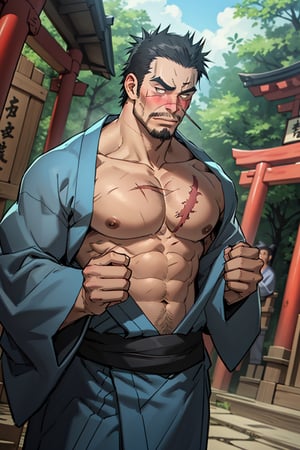 solo male, Gōzaburō Seto, My Bride is a Mermaid, Japanese, short hair, black hair,  black eyes, facial hair, thick eyebrows, scar on face, scar on nose, scar across eye, sideburns, yukata, japanese sandals, undressing, open kimono, bare chest, bare belly, bare tight, bare buttocks,mature, handsome, charming, alluring, blush, drunk, standing, upper body, outdoor, japanese shrine, torii, perfect anatomy, perfect proportions, best quality, masterpiece, high_resolution, dutch angle, cowboy shot, photo background