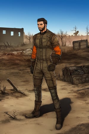 solo male, realistic, Paladin Danse, Fallout 4, short hair, warm black hair, light brown eyes, beard, orange-gray Brotherhood of Steel uniform, orange bodysuit, gloves, boots, mature, handsome, charming, allurin, ((perfect anatomy, perfect proportions)), best quality, masterpiece, high_resolution, dutch angle, photo background, ruined overhead interstate, Fallout 4 location, post-apocalyptic ruins, desolated landscape, 