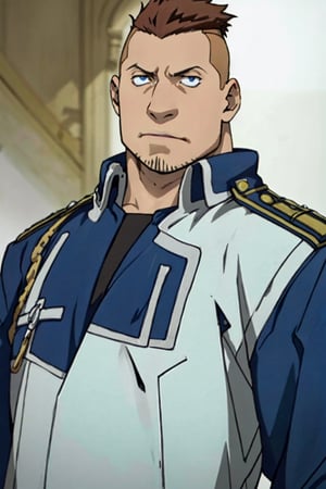 (1 image only), solo male, 1boy, Heymans Breda, Fullmetal Alchemist, anime, 2D, blue eyes, brown hair, short hair, high fade, stubble, handsome, (chubby), open pure blue military uniform, confidence, charming, alluring, upper body in frame, perfect anatomy, perfect proportions, 8k, HQ, (best quality:1.2, hyperrealistic:1.2, photorealistic:1.2, masterpiece:1.3, madly detailed photo:1.2), (hyper-realistic lifelike texture:1.2, realistic eyes:1.2), high_resolution, perfect eye pupil, dutch angle