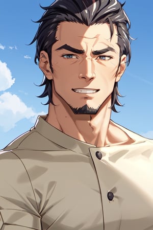 (1 image only), solo male, Kaburagi, Deca Dence, greying black hair, slicked back hair, thick eyebrows, sideburns, goatee, green eyes, scar, tucked-in wide necked short-sleeved white shirt, sleeves tucked up and buttoned, short sleeves, olive wide worker pants, black belt tied, brown boots. simpple leather bracelet, toned male, mature, handsome, charming, alluring, grin, (portrait, close-up), perfect anatomy, perfect proportions, best quality, masterpiece, high_resolution, dutch angle, outdoors, day, blue sky, science fiction, citadel on sky, photo background, bare neck,