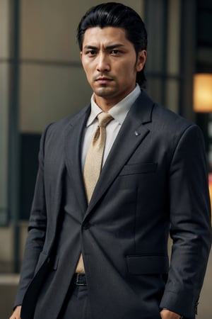 (1 image only), solo male, 1boy, Daigo Dojima, Yakuza, 34 years old, Asian, Japanese, black hair,  short hair, slicked back hair, stubble, handsome,  white collared shirt, (black suit jacket:1.4), black necktie, fit body, mature, manly, hunk, masculine,  virile, confidence, charming, alluring, upper body in frame, night at Kabukicho Tokyo, perfect anatomy, perfect proportions, 8k, HQ, (best quality:1.5, hyperrealistic:1.5, photorealistic:1.4, madly detailed CG unity 8k wallpaper:1.5, masterpiece:1.3, madly detailed photo:1.2), (hyper-realistic lifelike texture:1.4, realistic eyes:1.2), high_resolution, picture-perfect face, perfect eye pupil, detailed eyes,  perfecteyes, perfecteyes, dutch angle