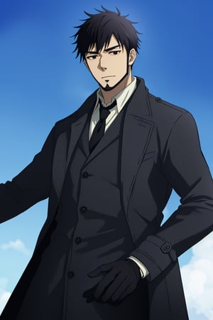 (1 image only), solo male, Genma Shizume, Darker than Black, Asian, Japanese, black hair, chinstrap beard, sideburns, black eyes, (white collared shirt, black neckti, black jacket), ((brown overcoat, open overcoat)), black pants, black gloves, mature, handsome, charming, allurin, smile, standing, upper body, perfect anatomy, perfect proportions, (best quality, masterpiece, high_resolution), perfect eyes, dutch angle, cowboy shot  