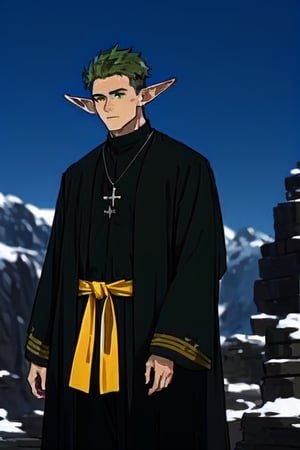 solo male, Kraft\(Frieren: Beyond Journey's End\), elf, masculine, manly, clergy, (olive green hair), short hair, undercut, multicolored hair, green eyes, pointed ears, BREAK (black clothing, black clergy cassock with yellow cuffs\(sleeves\):1.3), button up cassock, short coat, black pants, white scarf, white puttee, shoes, necklace, mature, handsome, charming, alluring, standing, upper body, perfect anatomy, perfect proportions, best quality, masterpiece, high_resolution, dutch angle, cowboy shot, photo background