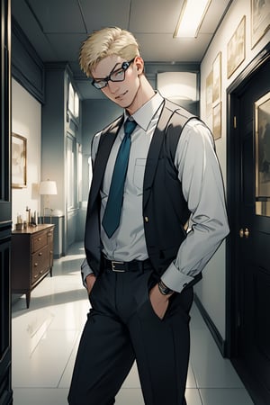 reiner braun, hazel eyes, blond hair, short hair, bare forehead, (stubble:1.2), (wore rectangular spectacles framed glasses:1.2), (light blue collared shirt:1.3, deep blue necktie:1.2, black pants), fit body, manly, hunk, masculine, virile, confidence, charming, alluring, smile, standing, (upper body in frame), 1920s artdeco style room, perfect light, perfect anatomy, perfect proportions, perfect perspective, 8k, HQ, (best quality:1.5, hyperrealistic:1.5, photorealistic:1.4, madly detailed CG unity 8k wallpaper:1.5, masterpiece:1.3, madly detailed photo:1.2), (hyper-realistic lifelike texture:1.4, realistic eyes:1.2), picture-perfect face, perfect eye pupil, detailed eyes, realistic, HD, UHD, look at viewer, solo,art_deco_fusion