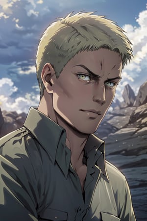 reiner_braun, (blond hair, short hair, bare forehead
), (hazel eyes:1.3), (aquiline nose:1.2), shaved face, fit body, (wearing pure military green collared shirt:1.2), handsome, manly, (rugged nose), virile, arrogant, charming, alluring, intense gaze, angled eyebrow, (standing), (upper body in frame), simple background, green plains, cloudy blue sky, perfect light, only1 image, perfect anatomy, perfect proportions, perfect perspective, 8k, HQ, (best quality:1.5, hyperrealistic:1.5, photorealistic:1.4, madly detailed CG unity 8k wallpaper:1.5, masterpiece:1.3, madly detailed photo:1.2), (hyper-realistic lifelike texture:1.4, realistic eyes:1.2), picture-perfect face, perfect eye pupil, detailed eyes, realistic, HD, UHD, (front view:1.2), portrait, looking outside frame,(MkmCut),reiner braun,perfecteyes,mature