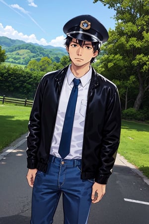 (1 image only), solo male, Agawa Daigo, Gannibal, Asian ,Japanese, black hair, short hair, (stubble), black eyes, policeman, white collared shirt, dark blue necktie, black jacket, dark blue pants, black shoes, Japanese police peaked cap, mature, handsome, charming, alluring, standing, upper body, perfect anatomy, perfect proportions, (best quality, masterpiece), (perfect eyes), perfect hands, high_resolution, dutch angle, cowboy shot, rural .pastoral,boichi manga style, creep, suspense