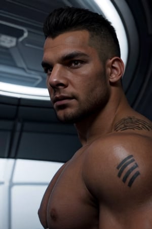 James Vega, solo, extreme short mohawk hair, black hair, brown eyes, tan skin, facial hair, 1boy, tatoo, (topless, shirtless), muscular, bulky, shiny skin, handsome, charming, alluring, intense gaze, standing, (upper body in frame), Mass Effect location, futuristic, space ship, dark atmosphere, cinematic light, perfect anatomy, perfect proportions, perfect perspective, 8k, HQ, HD, UHD, (best quality:1.2, hyperrealistic:1.2, photorealistic:1.2, madly detailed CG unity 8k wallpaper:1.2, masterpiece:1.2, madly detailed photo:1.2), (hyper-realistic lifelike texture:1.2, realistic eyes:1.2), picture-perfect face, perfect eye pupil, detailed eyes, front view