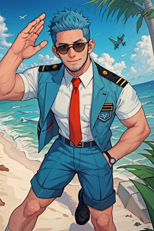 (1 image only), solo male, Wilbur, Animal Crossing, personification, pure blue hair, short hair, black eyes, blue facial hair, jawline stubble, aviation pilot uniform, white collor shirt, red necktie, epaulette, aviator sunglasses, blue pants, socks, black footwear, mature, dilf, bara, handsome, charming, alluring, grin,close-up,portrait, hand in pocket, (two-finger salute:1.2), perfect anatomy, perfect proportions, (best quality, masterpiece), (perfect eyes, perfect eye pupil), perfect hands, high_resolution, dutch angle, seaside, summer