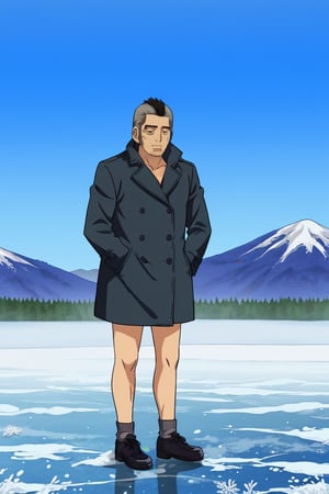 source_anime , anime coloring,  Toshiyuki Kadokura, GKToshiyuki, two-tone hair, black/grey hair, short hair, black eyes, thick eyebrows. bags under eyes, long sideburns, facial hair, stubble, Toshiyuki_outfit05, naked coat, black trench coat, open coat, bottomless, bare calves, legs hair, grey socks, black shoes, simple background, outdoor, nature, snow, winter, standing on ice field, mountain, hands in pocket
