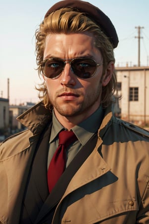 Kazuhira Miller, blue eyes, blond hair, stubble, wore aviator sunglasses, white collared shirt, green suit with a red tie,  khaki trench coat, black beret, fit body, handsome, charming, alluring, intense gaze, (standing), (upper body in frame), perfect light, only1 image, perfect anatomy, perfect proportions, perfect perspective, 8k, HQ, (best quality:1.2, hyperrealistic:1.2, photorealistic:1.2, madly detailed CG unity 8k wallpaper:1.2, masterpiece:1.2, madly detailed photo:1.2), (hyper-realistic lifelike texture:1.2, realistic eyes:1.2), picture-perfect face, perfect eye pupil, detailed eyes, realistic, HD, UHD, front view, portrait