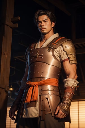 solo male, Kibito Araka, Kabaneri of the Iron Fortress, short hair, dark blue hair, brown-golden eyes, goatee, muscular build, tall, samurai armor, white Juban \(kimono\)
, (orange Haidate \(armored Skirt\)), orange plated cuirass, red waistband, padded sleeves, khaki pants, brown gauntlet, fingerless gauntlet, purple armored faceplate, black puttee, sandals, mature, handsome, charming, alluring, standing, upper body, perfect anatomy, perfect proportions, best quality, masterpiece, high_resolution, dutch angle, cowboy shot, photo background,1boy