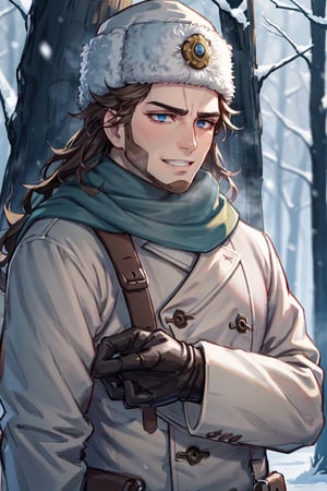 (human), (1 image only), solo male, Vasily Pavlichenko, Golden Kamuy, Russian, sniper, brown hair, blue eyes, sharp eyes, defined eyelashes, furrowed brow, grin, wavy medium-length hair, bold sideburns, short and neat Shenandoah beard, lightly-colored coat, dark gloves, scarf, pants, boots, crossbody bag, handsome, charming, alluring, standing, upper body in frame, perfect anatomy, perfect proportions, 2d, anime, (best quality, masterpiece), (perfect eyes, perfect eye pupil), high_resolution, dutch angle, snowy forest, better_hands, tall wool cap, papakha, ushanka,fantasy art