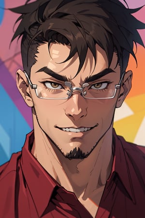 (1 image only), solo male, Jay Chiang, Great Pretender Razbliuto, Asian, Taiwanese, modern Taipei city, 2d, anime, flat, black hair, short hair, high fade, goatee, thick eyebrows, brown eyes, silver glasses, (pure red collared shirt, red sleeves rolled up:1.2), (portrait, close-up), smile, mature, handsome, charming, alluring, portrait, perfect anatomy, perfect proportions, (best quality, masterpiece), (perfect eyes:1.2),, high_resolution, dutch angle 