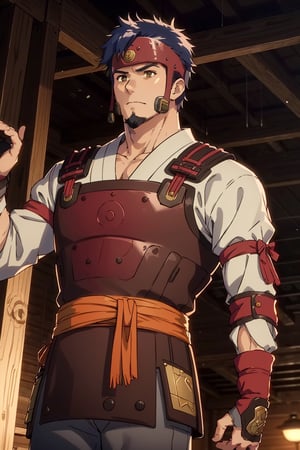 solo male, Kibito Araka, Kabaneri of the Iron Fortress, short hair, dark blue hair, brown-golden eyes, goatee, muscular build, tall, samurai armor, white Juban \(kimono\)
, (orange Haidate \(armored Skirt\)), orange plated cuirass, padded sleeves, khaki pants, brown gauntlet, fingerless gauntlet, purple armored faceplate, black puttee, sandals, mature, handsome, charming, alluring, standing, upper body, perfect anatomy, perfect proportions, best quality, masterpiece, high_resolution, dutch angle, cowboy shot, photo background