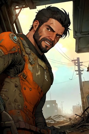 solo male, realistic, Paladin Danse, Fallout 4, short hair, warm black hair, light brown eyes, beard, orange-gray Brotherhood of Steel uniform, orange-gray bodysuit, gloves, boots, mature, handsome, charming, alluring, , ((portrait, headshot, close-up)), perfect anatomy, perfect proportions, best quality, masterpiece, high_resolution, dutch angle, photo background, ruined overhead interstate, Fallout 4 location, post-apocalyptic ruins, desolated landscape, dark blue sky,Masterpiece