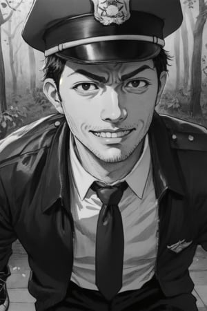 (1 image only), solo male, Agawa Daigo, Gannibal, Asian ,Japanese, black hair, short hair, thin stubble, black eyes, policeman, white collared shirt, dark blue necktie, black jacket, long sleeves, black sleeves, (buttoned up jacket), dark blue pants, black shoes, police peaked cap, (adjusting cap), mature, handsome, charming, alluring, perfect anatomy, perfect proportions, rural, pastoral, forest, creep, suspense, horror, bloody, manga, greyscale, monochrome, (manga brushwork style, traditional drawing), (portrait
, close-up), looking_at_viewer, grin, upperbody, HORROR