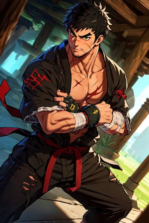 solo male, Grappler, Dungeon Fighter Online, black hair, short hair, brown eyes, thick eyebrows, forked eyebrows, stubble, green eyes, scars on face, scar on cheek, scar on chest, pectorals, pectoral cleavage, rn black dougi, black martial arts pants, red martial arts belt, yellow fingerless gloves, barefoot, bandaged hand, toned male, mature, handsome, charming, alluring, erotic, blush, shy, fighting stance
, upper body, perfect anatomy, perfect proportions, ((perfect eyes, perfect, parfect fingers)), best quality, masterpiece, high_resolution, dutch angle, photo background,1guy