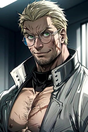 solo male, Alexander Anderson, Hellsing, Catholic priest, short silver-blond hair, green eyes, tanned skin, defined squared jaw, light facial hair, wedge-shaped scar on left cheek, round glasses, (topless. bare chest, bare neck, bare belly), (grey coat, open coat:1.2), mature, middle-aged, imposing, tall, handsome, charming, alluring, slight smile, calm, kindly, affableㄝ(portrait, close-up, face focus), face only, perfect anatomy, perfect proportions, best quality, masterpiece, high_resolution, dutch angle, photo background, Vatican City, indoor