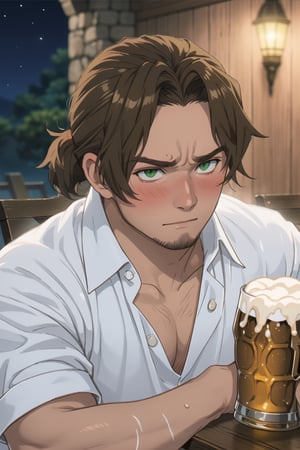 solo male, Sein \(Frieren: Beyond Journey's End\), priest, brown hair, low ponytail, parted bangs, thin hair, stubble, green eyes, (white collared shirt, open shirt), pecs, collarbone, (portrait, close-up, headshot), drunken, blush, sweatdrop, wide-eyed, blush, awkward, embarrassed, sweaty shiny skin, handsome, charming, alluring, perfect anatomy, perfect proportions, best quality, masterpiece, high_resolution, dutch angle, photo background, indoor, table, old tavern, night, beer