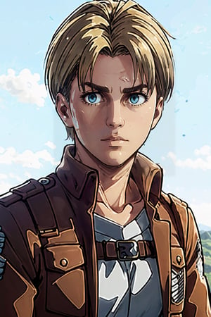 1girl, solo, Nanaba, Attack on Titan, blue eyes, wore standard Survey Corps uniform with a light-colored v-neck underneath, short light hair, petite build, calm, beautiful, handsome, charming, alluring, gentle expression, soft expression, (standing), (upper body in frame), simple background, green plains, cloudy blue sky, cinematic light, perfect anatomy, perfect proportions, 8k, HQ, HD, UHD, (best quality:1.5, hyperrealistic:1.5, photorealistic:1.4, madly detailed CG unity 8k wallpaper:1.5, masterpiece:1.3, madly detailed photo:1.2), (hyper-realistic lifelike texture:1.4, realistic eyes:1.2), picture-perfect face, perfect eye pupil, detailed eyes, portrait, dynamic, cinematic ,Masterpiece