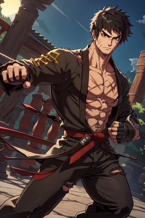 solo male, Grappler, Dungeon Fighter Online, black hair, short hair, brown eyes, thick eyebrows, forked eyebrows, stubble, green eyes, scars on face, scar on cheek, scar on chest, pectorals, pectoral cleavage, rn black dougi, black pants, red martial arts belt, yellow fingerless gloves, barefoot, bandaged hand, toned male, mature, handsome, charming, alluring, serious, fighting stance, upper body, perfect anatomy, perfect proportions, ((perfect eyes, perfect, parfect fingers)), best quality, masterpiece, high_resolution, dutch angle, cowboy shot, photo background