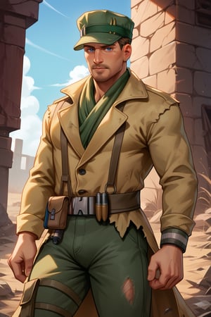 score_9, score_8_up, score_7_up, score_6_up, perfect anatomy, perfect proportions, best quality, masterpiece, high_resolution, high quality, best aesthetic, incredibly absurdres, highres, extremely detailed, huge filesize, mature, masculine, manly, virile, handsome, charming, alluring, bara, male focus, solo male, cowboy shot, dutch angle, source_game \(Fallout 4\), official style \(Fallout 4\),  Robert MacCready\(Fallout 4\), FO4MacCready, brown hair, short hair, blue eyes, facial hair, beard, MacCready_Outfit, white undershirt, tan duster coat, heavily damaged leather duster, green scarf, utility cover, utility cap with two rifle rounds, combat webbing sling, olive green fatigues pants, tactical pouch on right thigh, leg bandolier, Fallout 4 location, post-apocalyptic ruins, desolated landscape, dark blue sky 