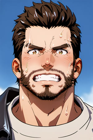 score_9, score_8_up, score_7_up, score_6_up, perfect anatomy, perfect proportions, best quality, masterpiece, high_resolution, high quality, best aesthetic, incredibly absurdres, highres, extremely detailed, huge filesize, mature, masculine, manly, virile, handsome, charming, alluring, bara, male focus, solo male, portrait, headshot, 3d screenshot, close up portrait, 3d, by obsidian studio, film grain, video game screenshot, source_game, official style, Danse, FO4Danse, black hair, short hair, light brown eyes, facial hair, beard, black leather jacket, grey undershirt, serious, mad, angry, nervous, look at viewer, clench teeth, blush, bashful, wide-eyed, sweating profusely, outdoors, Fallout 4 location, post-apocalyptic ruins, desolated landscape, dark blue sky, 