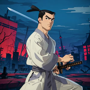 (1 image only), solo male, Samurai Jack, Cartoon Network style, Asian, Japanese, intense gaze, black hair, short topknot, black eyes, geta, white kimono, white sashes, wide sleeves, mature, handsome, charming, alluring, uperfect anatomy, perfect proportions, (best quality, masterpiece), (perfect hands), high_resolution, dutch angle, cowboy shot, fine art, (2d, flat), (single placket),  fighting_stance, holding sword, (perfect sword), battoujutsu, red and black cityscape