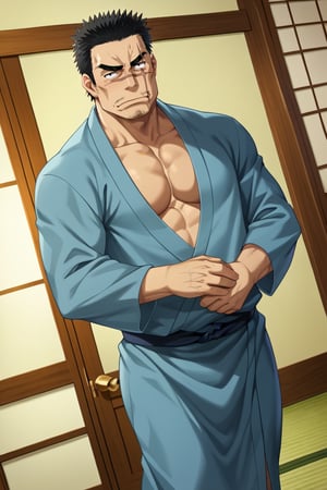 score_9, score_8_up, score_7_up, score_6_up, perfect anatomy, perfect proportions, best quality, masterpiece, high_resolution, high quality, best aesthetic, incredibly absurdres, highres, extremely detailed, huge filesize, mature, masculine, manly, virile, handsome, charming, alluring, bara, male focus, solo male, cowboy shot, dutch angle, source_anime \(My Bride is a Mermaid\), anime coloring \(My Bride is a Mermaid\), Gozaburo Seto \My Bride is a Mermaid\), MBMGozaburo, black hair, short hair, black eyes, sanpaku, sideburns, facial hair, stubble, thick eyebrows, scar across eye, scar across nose,  Gozaburo_Outfit01, Japanese clothes, grey-blue yukata, indoors, tatami, sliding shoji doors